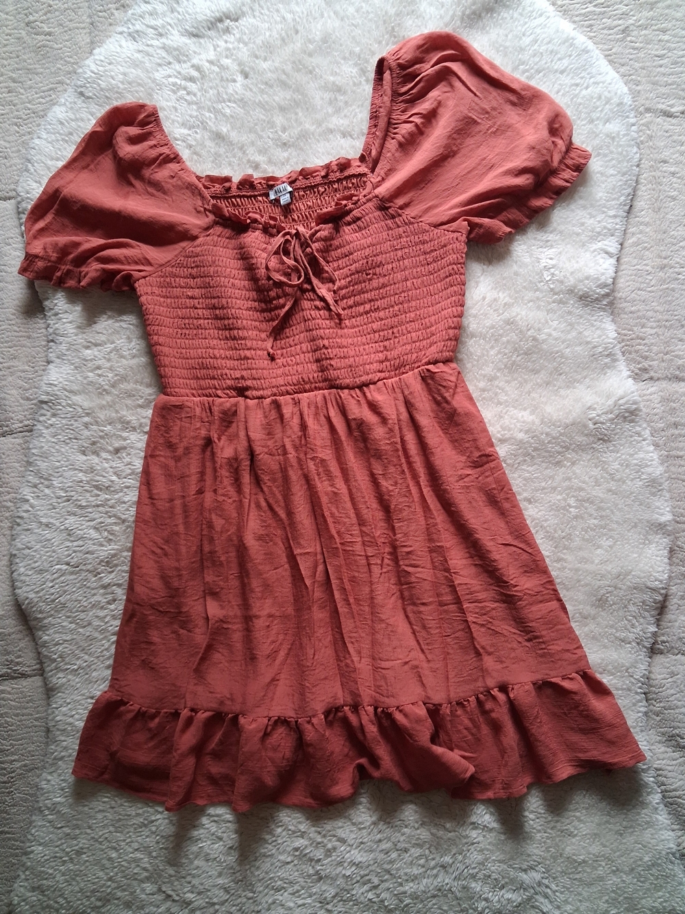 AUW Rust Smocked Puff Sleeve Mini Dress